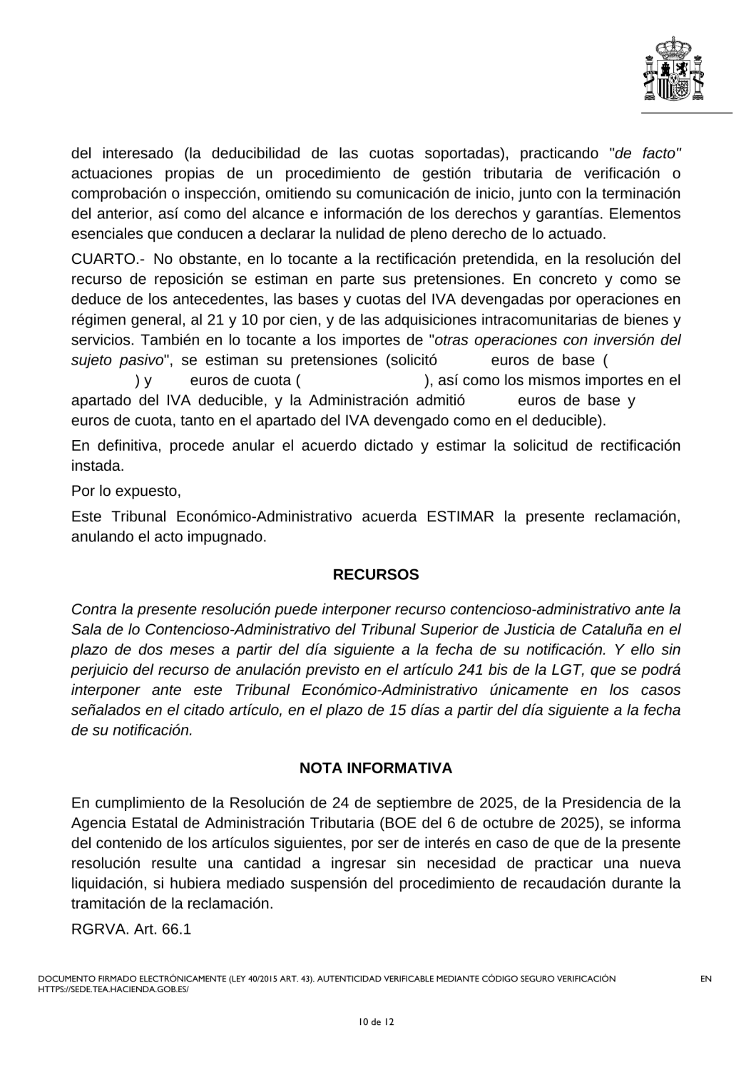Página 10 de 12 de la resolución del TEAR de Cataluña, anonimizada, en la que se acuerda estimar la reclamación y anular el acto impugnado.
